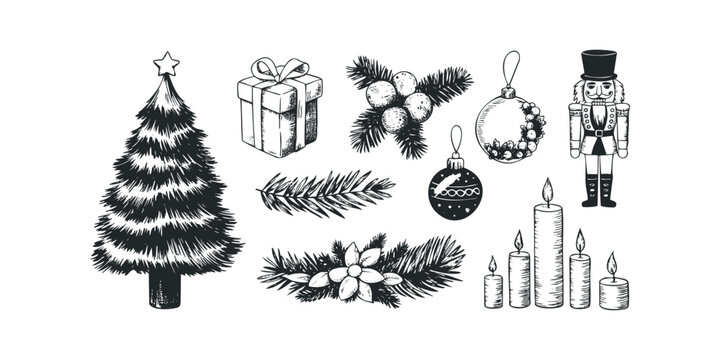 Set of hand drawn Christmas objects including tree and nutcracker