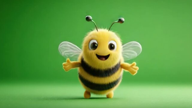 A fluffy cartoon bee with large eyes and a happy grin, set against a green backdrop