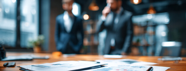 Business office meeting teamwork planning modern office with blurred executives, focused