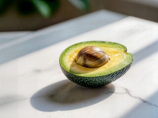 Avocat sur une table en marbre coup&eacute; en deux avec le noyaux visible.