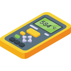 Yellow Digital Thermometer Device With Green Screen Display Showing Temperature Reading 584 Degrees Celsius In Isometric View On Transparent Background