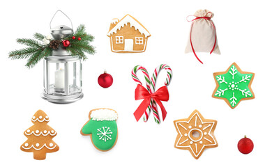 Christmas candy canes, cookies and festive decor isolated on white, set