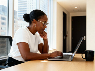 dedicated female employee typing on laptop in bright office