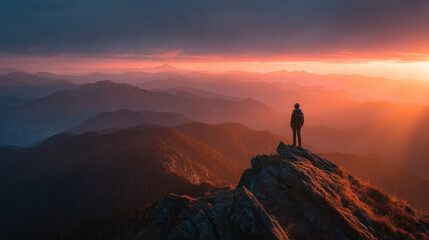 A lone figure stands atop a rocky mountain peak, gazing out at the stunning vista of rolling hills illuminated by a vibrant and breathtaking sunset sky scene.
