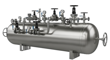 Horizontal stainless steel tank with valves isolated on transparent background