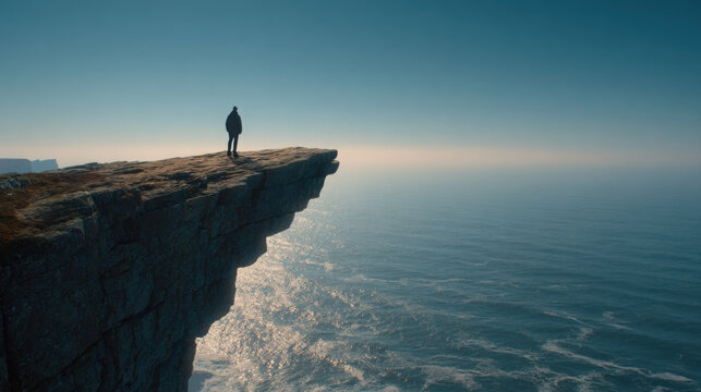 Silhouette of a solitary person standing on the edge of a rugged cliff overlooking the vast expanse of the ocean under a clear and boundless blue sky.