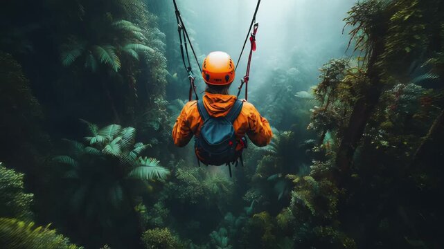 Adventurer rappelling through lush rainforest canopy