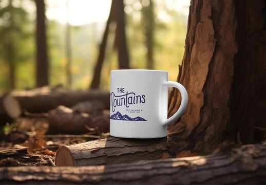 Rustic Mug Mockup Amidst Serene Forest Psd