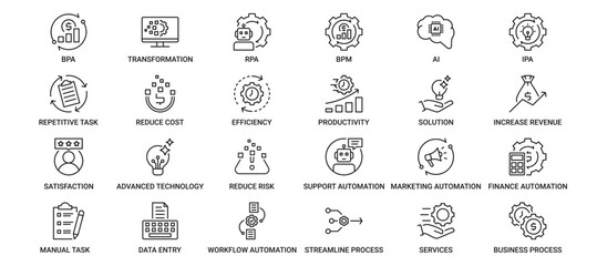 Business Process Automation icon set containing BPA, digital transformation, RPA, BPM, AI, IPA, repetitive task, reduce cost, efficiency and productivity vector icons