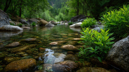 Fototapeta premium Tranquil mountain stream flows gently over smooth stones surrounded by lush green foliage in a serene and picturesque natural setting, perfect for meditation.
