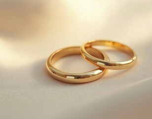 Two gold wedding rings rest on soft fabric. The rings represent love commitment and eternity. Closeup photo with shallow depth of field. Ideal for wedding cards and romance.