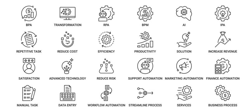 Business Process Automation icon set containing BPA, digital transformation, RPA, BPM, AI, IPA, repetitive task, reduce cost, efficiency and productivity vector icons
