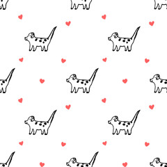 Seamless pattern with lineart dog and red hearts, white background, Valentine day illustration.