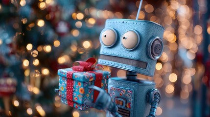 Charming Vintage Robot with Gift Against Beautiful Holiday Background