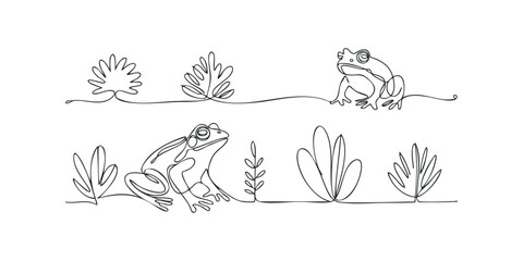 Two frogs with plants continuous line drawing