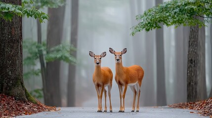 Two White-Tailed Deer Standing on a Forest Road Surrounded by Misty Trees and Autumn Leaves in Soft Morning Light