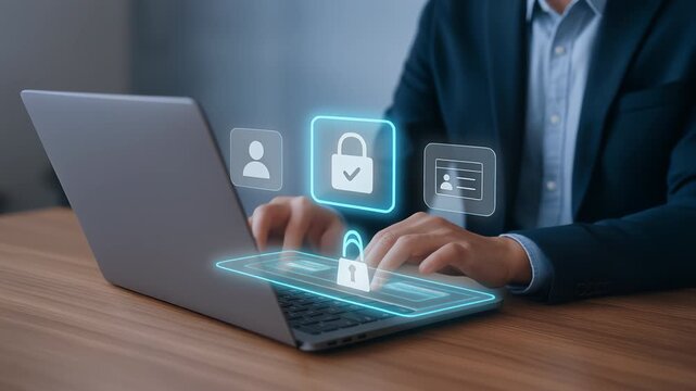 Person typing on laptop with holographic security icons of lock, data protection, and identity verification in modern office setting for secure typing