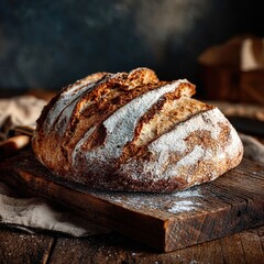 Sourdough bread loaf resting on wooden cutting board