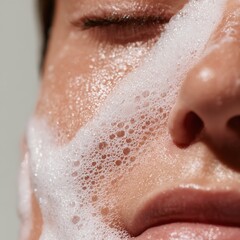 Person washing face with foaming cleanser bubbles