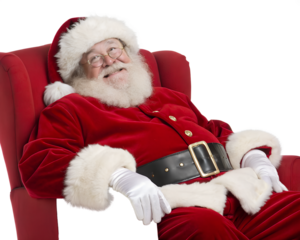 Santa claus relaxing in a red armchair, isolated on transparent background