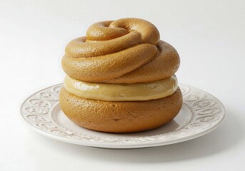 Delicious dessert layered with caramel on a decorative white plate studio shot