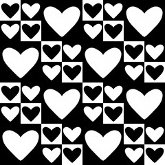 Seamless pattern with monochrome black and white hearts, Valentine day illustration.