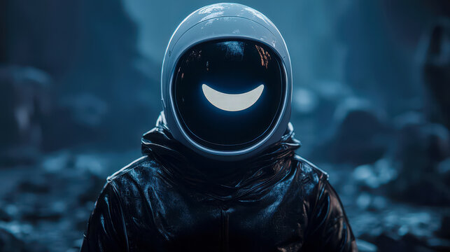 Futuristic astronaut with a smiling digital display helmet in a dark, alien landscape