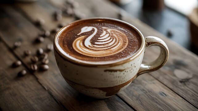 Exquisite latte art swan design adorns a rustic ceramic mug filled with rich coffee on a weathered wooden tabletop