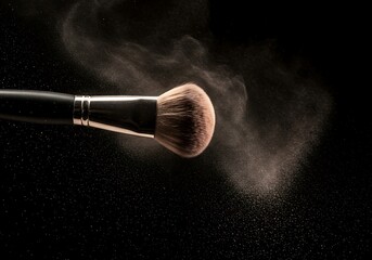 Makeup brush with powder cloud against black background
