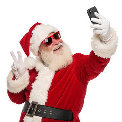 Santa claus taking a selfie with sunglasses and peace sign, isolated on transparent background