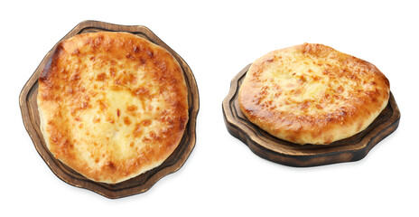 Delicious Megrelian khachapuri isolated on white, collage. Top and side view