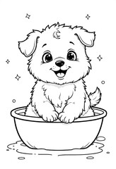 puppy in a bath with black and white background