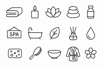 Minimalist spa and wellness icon set featuring relaxation elements