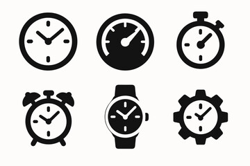 Set of time icon designs featuring clocks, stopwatches, and timers in silhouette style