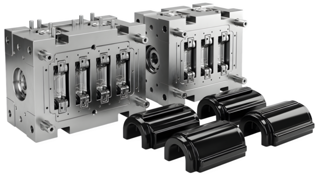 Injection mold tool isolated on transparent background with plastic components