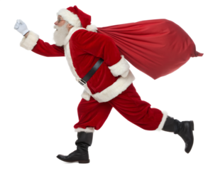 Santa claus running with a large red sack full of gifts, isolated on transparent background