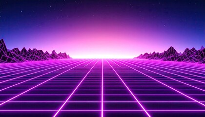 Retro Futuristic Grid Landscape with Pink and Purple Neon Lights