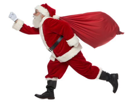 Santa claus running with a large red sack full of gifts, isolated on transparent background