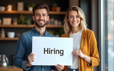 Happy, partnership and hiring sign by small business owners at coffee shop or cafe in support together. Portrait, recruitment and vacancy at a startup with growth, join us or job or employment
