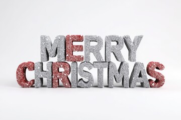 Silver and red glitter merry christmas letters on white background.
