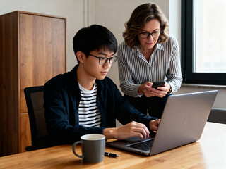 business teamwork with supervisor helping employee on computer