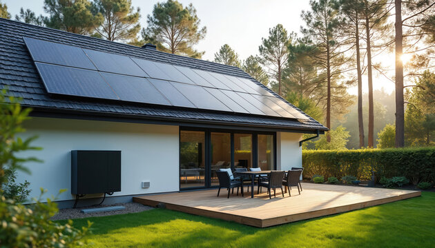 Modern residential house solar panels on dark roof, exterior heat pump system. Includes wood deck, outdoor furniture, green lawn. Tall pine trees in background glow with golden sunlight. Property