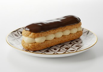 Delicious eclair dessert with chocolate glaze and cream filling on a decorative plate