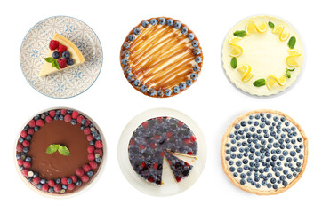 Delicious cheesecakes isolated on white, set. Top view