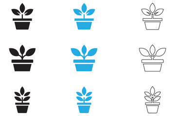 plant in a pot vector icon set, potted plant vector silhouette and line icon illustration