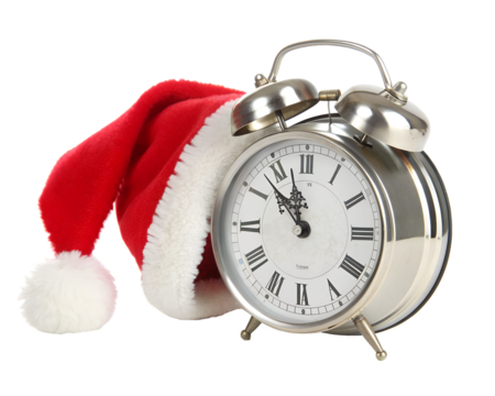 Retro alarm clock wearing a santa hat, isolated on transparent background