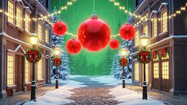 Festive christmas street with snow and ornaments