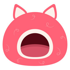 Soft, pink pig-shaped house with ears for dogs and cats. Vector, isolated, enclosed pet bed. Textile home den with pillow for sleeping and relaxing.