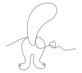 Single black isolated line drawing of cat with fluffy tail. Vector outline, rear view. Minimalistic pet symbol decorated with heart. Simple doodle sketch.