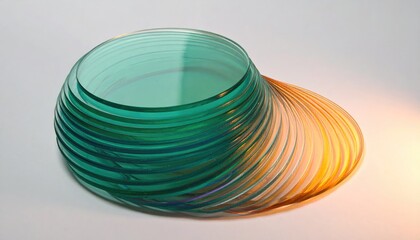 Teal And Amber Glass Plates In A Staggered Layered Still Life